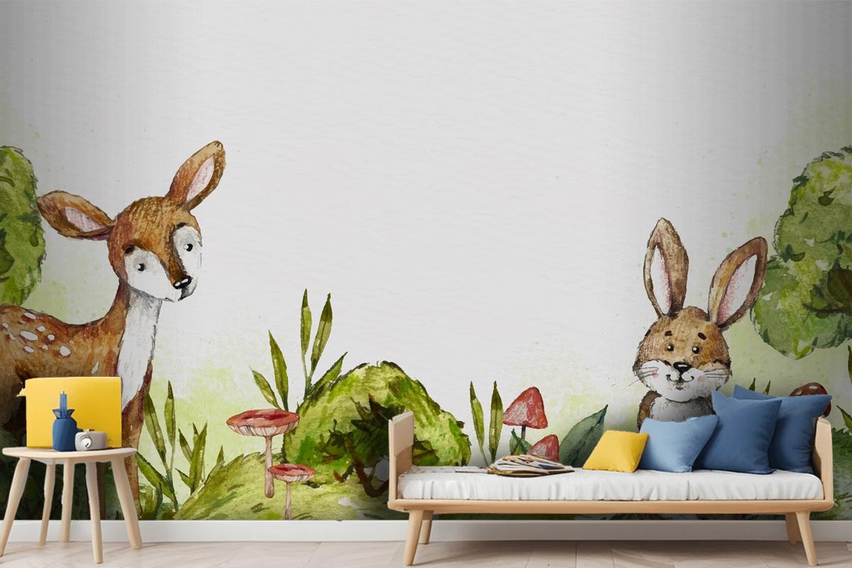 Watercolor Rabbit And Deer In Forest Wallpaper Mural