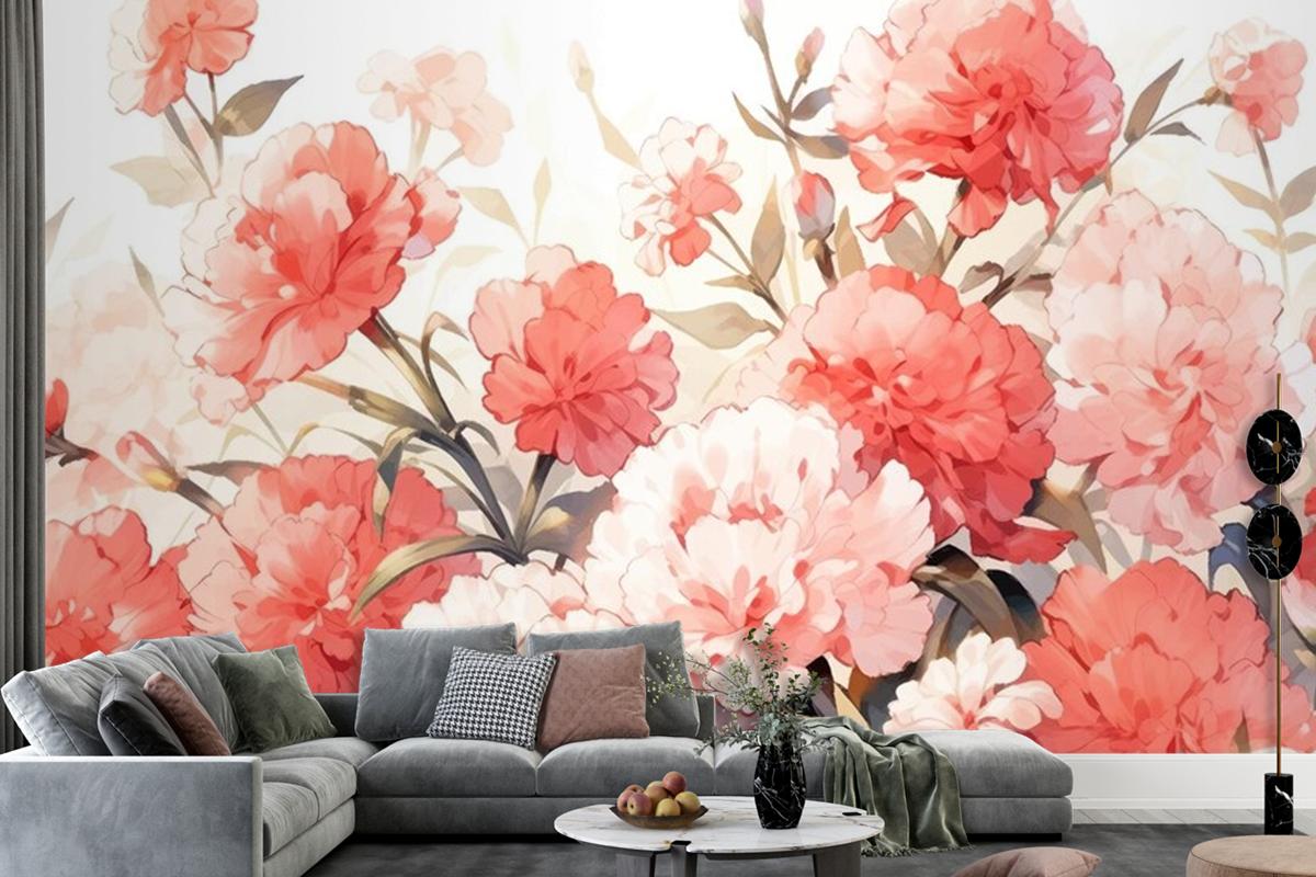 Watercolor Vintage Carnations Pattern With Complementary Colors Wallpaper Mural