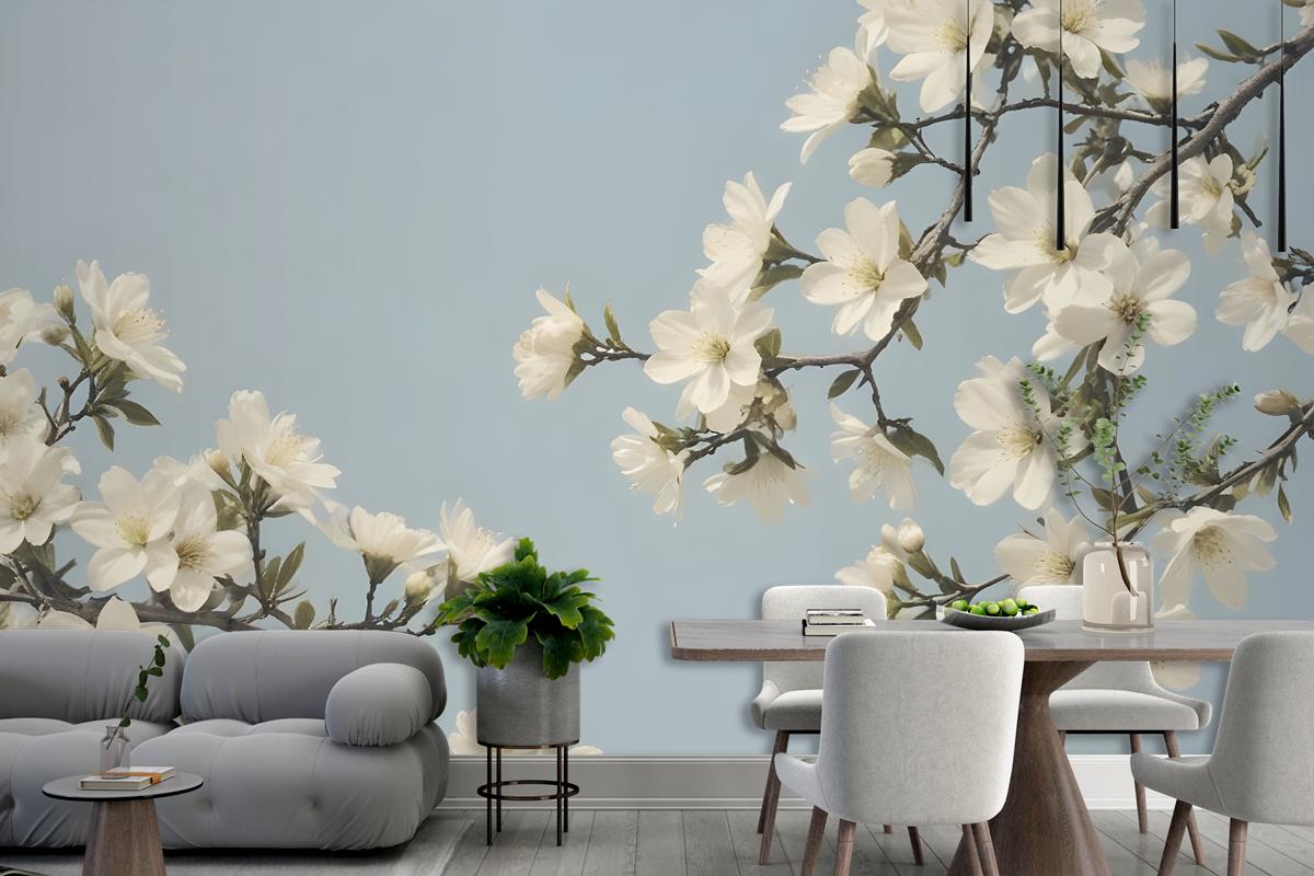 White Flowers Blooming On Tree Branches Against A Pale Blue Sky Wallpaper Mural