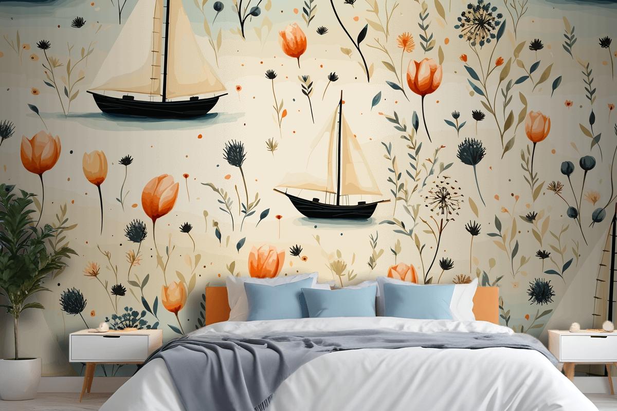 Sea Animals A Lighthouse And A Boat With Shells Starfish Bedroom Wallpaper Mural