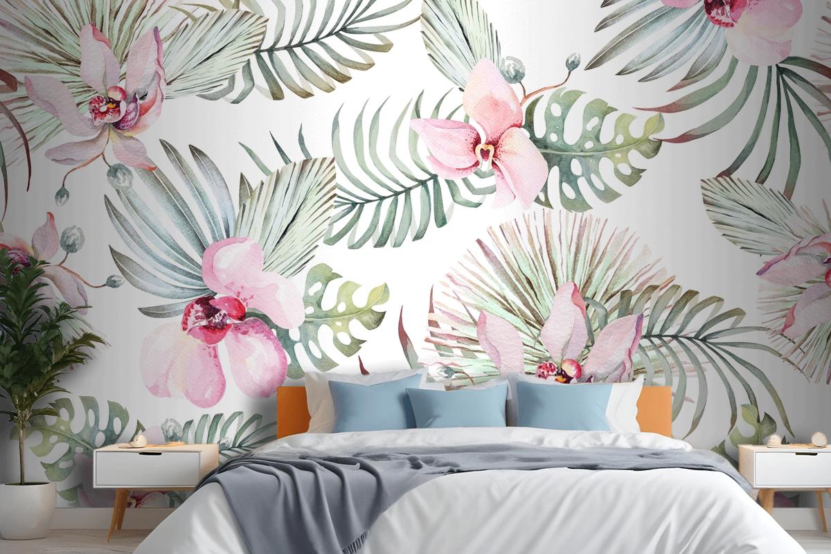 Seamless Pattern Of Tropical Plant Orchid And Flower For Fabric Bedroom Wallpaper Mural