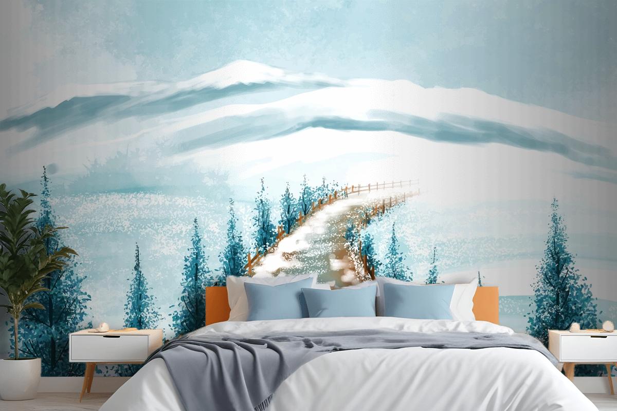 Winter Landscape With Snowy Christmas Tree Card Bedroom Wallpaper Mural