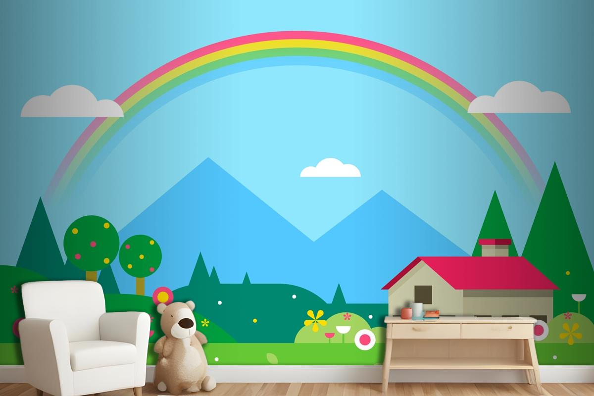 Spring Landscape With House And Rainbow Wallpaper Mural