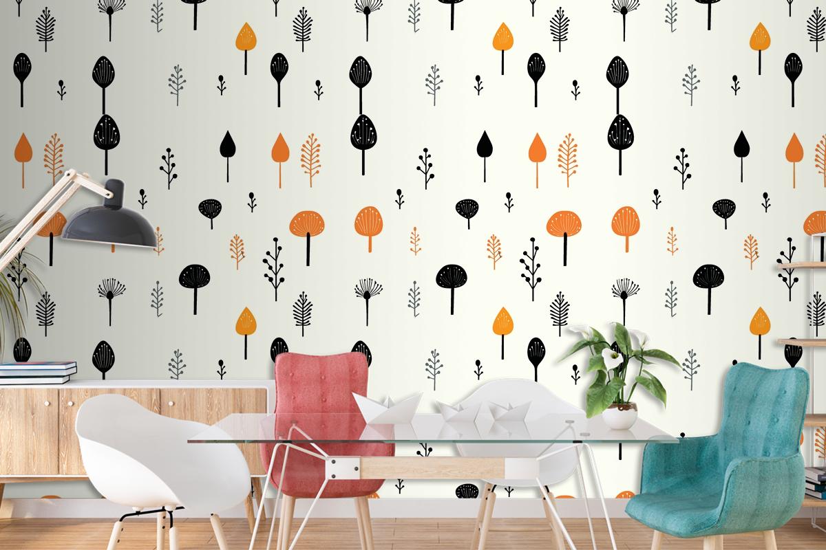 Black Mushroom And Leaf Pattern On A White Living Room Wallpaper Mural
