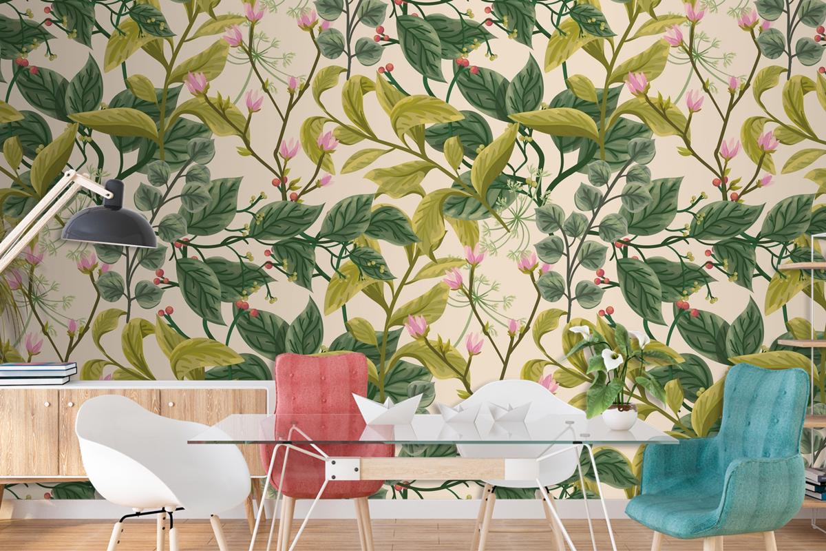 Flower And Leaves Background Living Room Wallpaper Mural