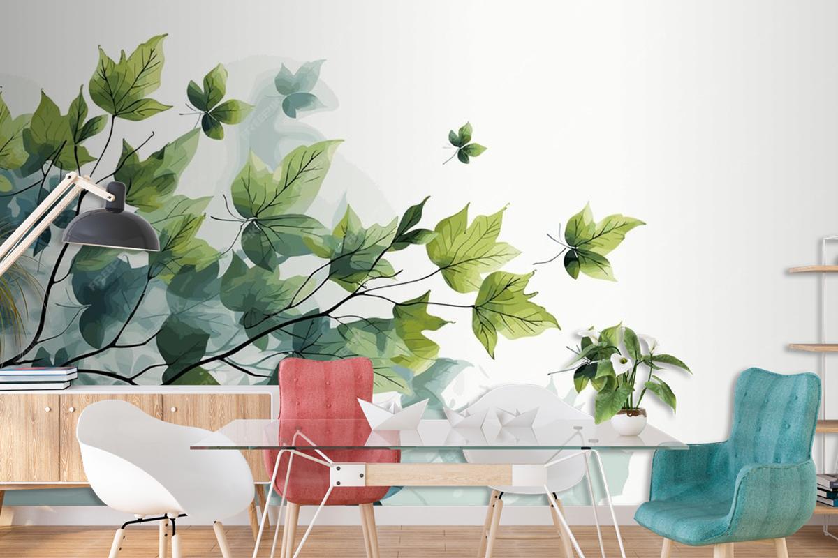 Fresh Baby Spinach Leaves On White Marble Living Room Wallpaper Mural