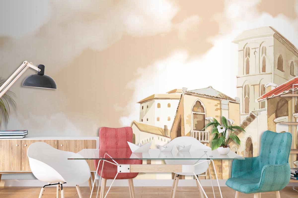 Mediterranean City Building Exterior Water Color Style Living Room Wallpaper Mural