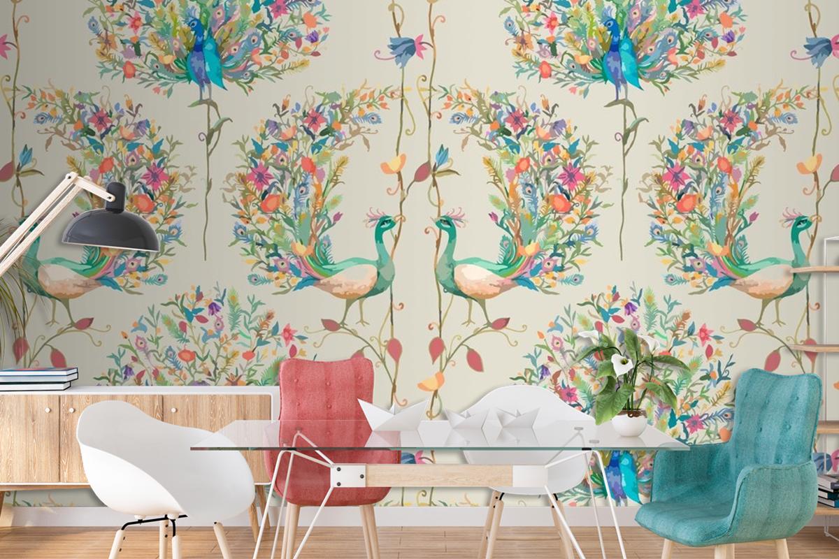 Pattern Background With Watercolor Peacock And Flower Living Room Wallpaper Mural