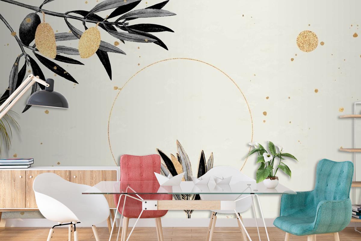 Round Gold Frame With Olive Branches Living Room Wallpaper Mural