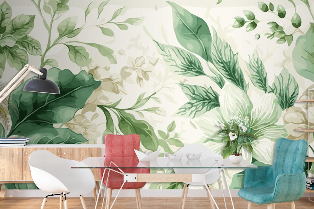 Seamless Watercolor Green And Beige Floral Pattern Living Room Wallpaper Mural