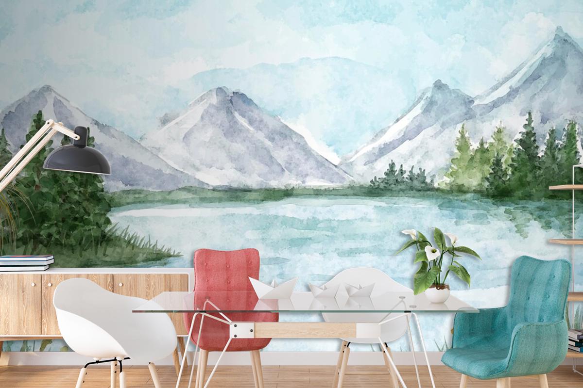 Watercolor Lake Scenery Living Room Wallpaper Mural