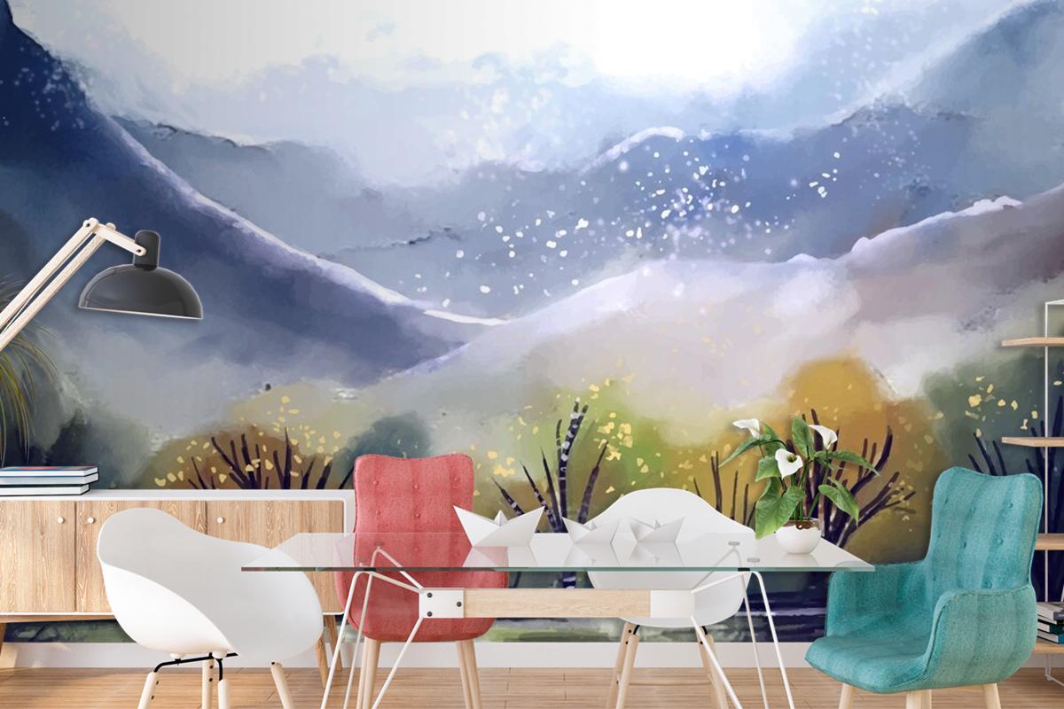 Watercolor Mountain Landscape Living Room Wallpaper Mural