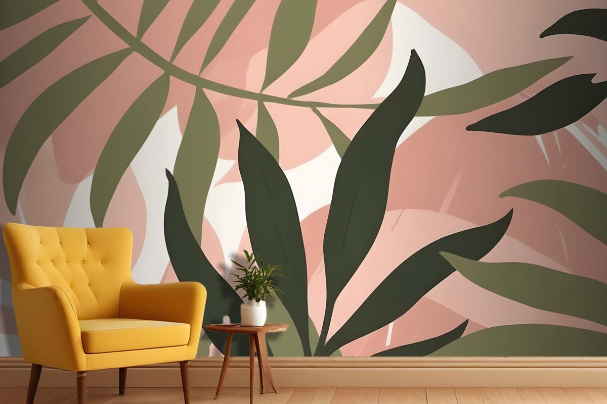 Abstract Tropical Leaves In Shades Of Green And Pink On A Light Wallpaper Mural