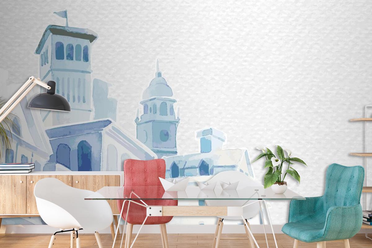 Architectural Mediterranean Buildings In Watercolor On White Paper Textured Living Room Wallpaper Mural