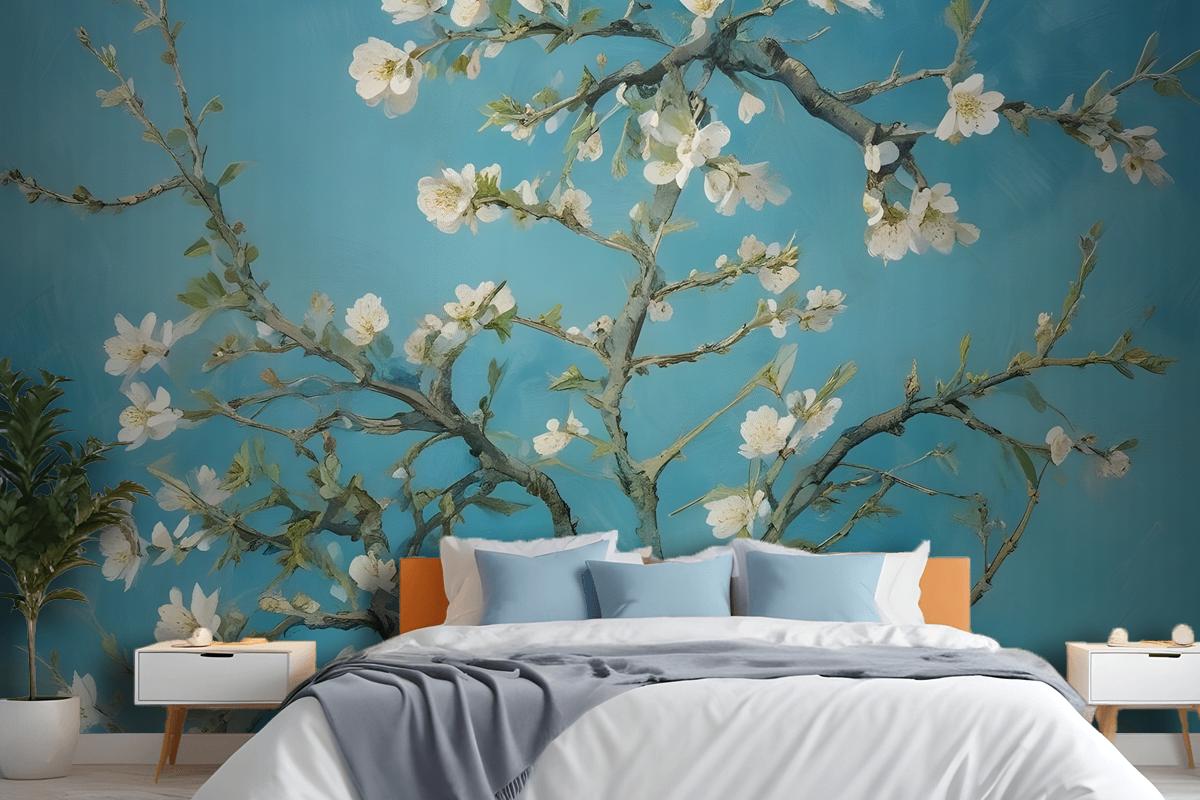 Blooming Almond Tree Branches Against A Blue Sky Wallpaper Mural