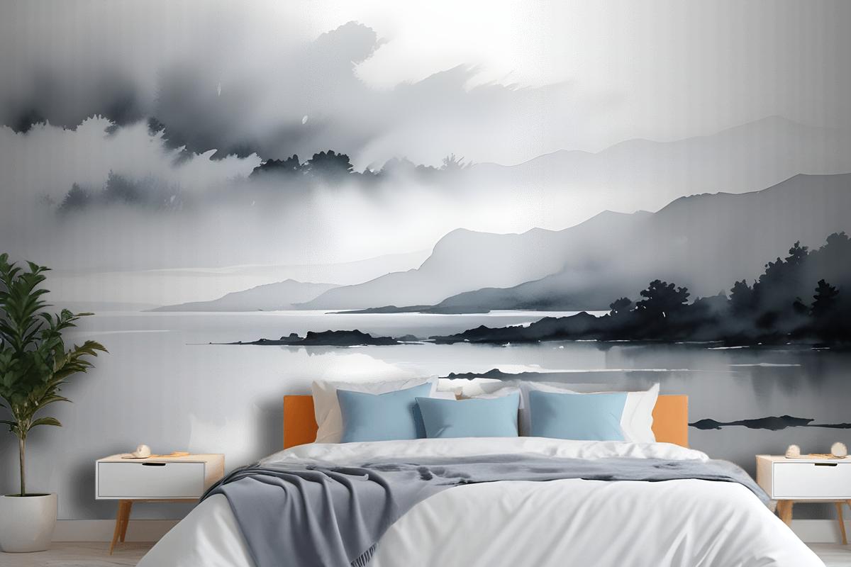 Blue Gray Watercolor Lake Landscape Wallpaper Mural