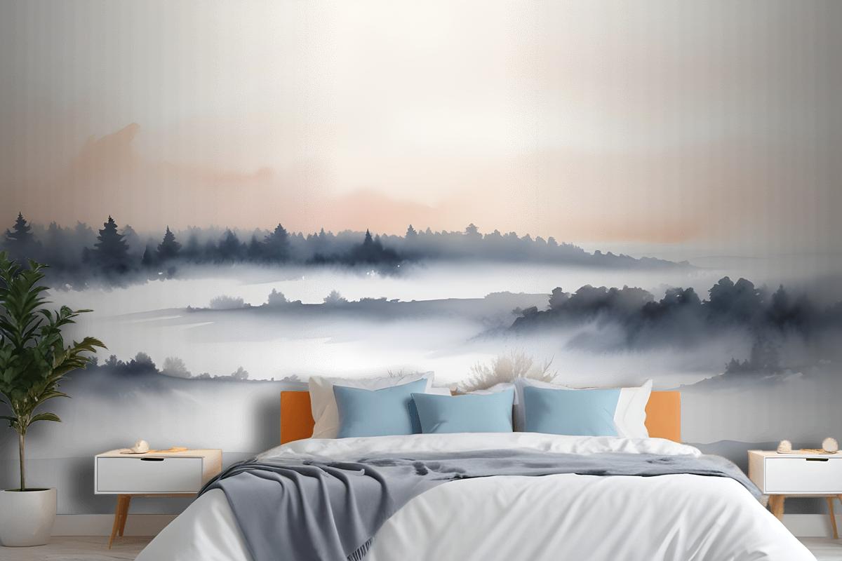 Calm Watercolor Sky And Landscape Wallpaper Mural