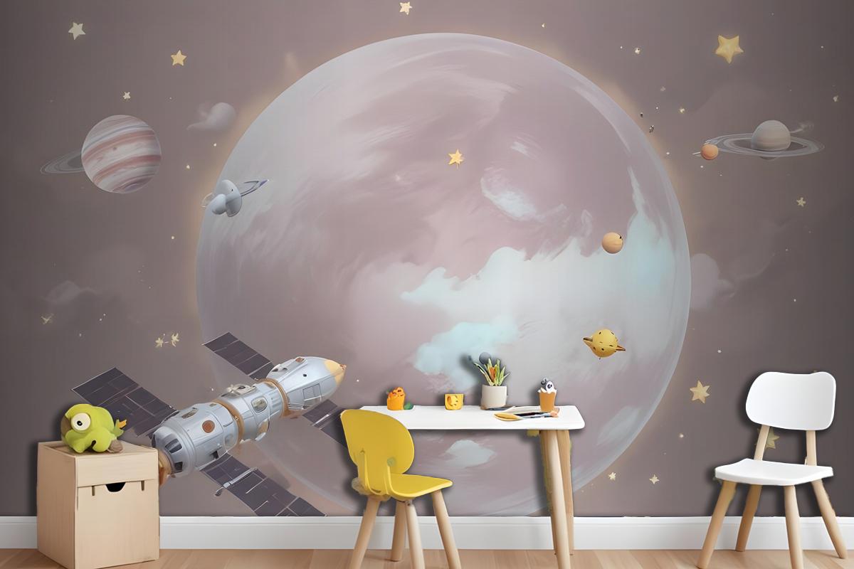 Cartoon Planets And Starry Space Wallpaper Mural