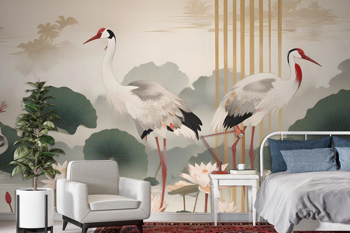 Chinese Crane Birds With Lotus Florals Bedroom Wallpaper Mural
