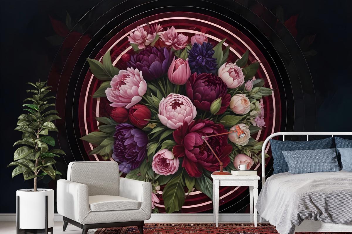 Circle Dark Floral Bedroom Wallpaper Mural
