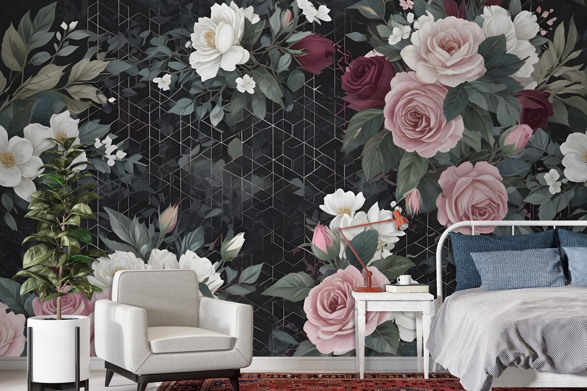 Colorful Floral With Dark Geometric Pattern Bedroom Wallpaper Mural