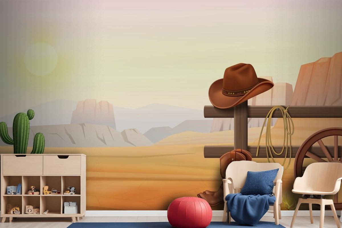 Cowboy Boots And Hat On Fence Wallpaper Mural