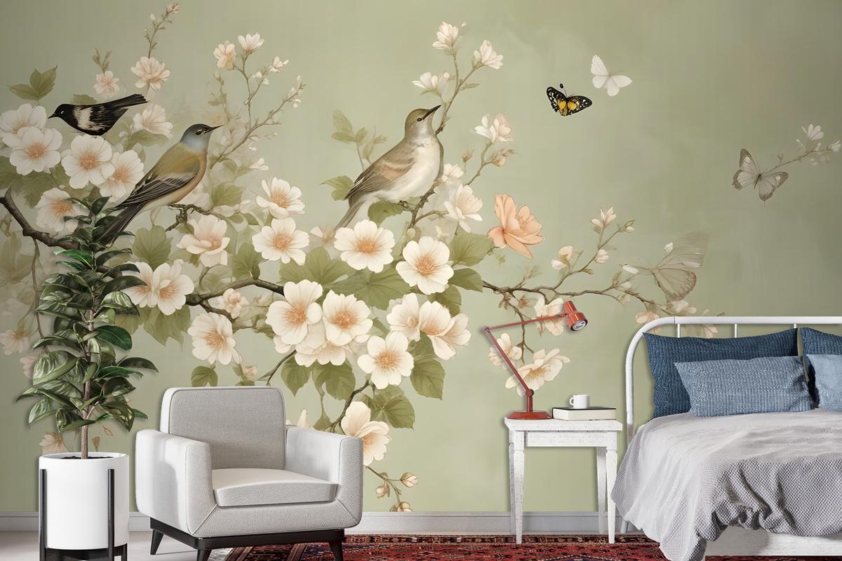 Cream Begonia Blossom Floral Art Bedroom Wallpaper Mural