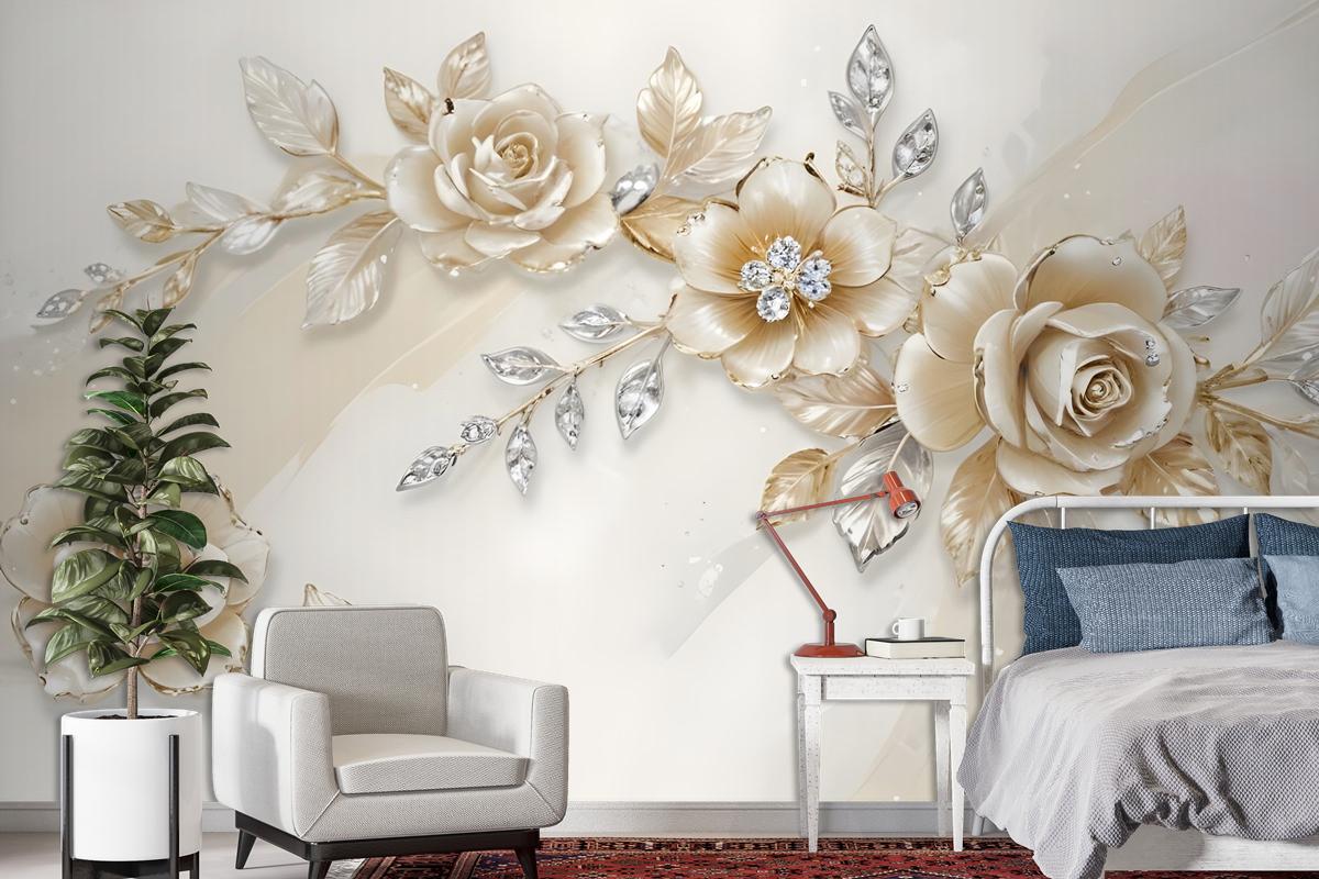 Cream Swarovski Rose Floral Bedroom Wallpaper Mural