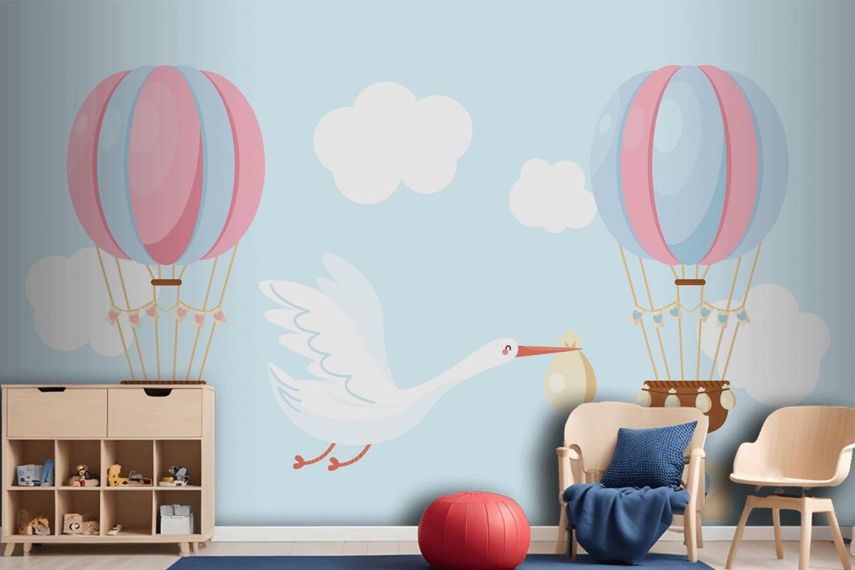 Cute Flat Design Blue Pink Balloon Wallpaper Mural