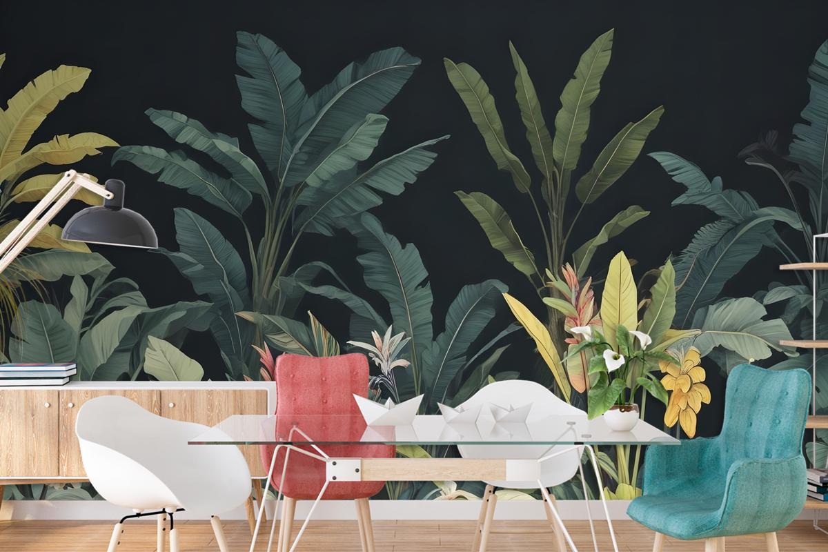 Dark Background Large Green Leaves Banana Plants Colorful Flowers Wallpaper Mural