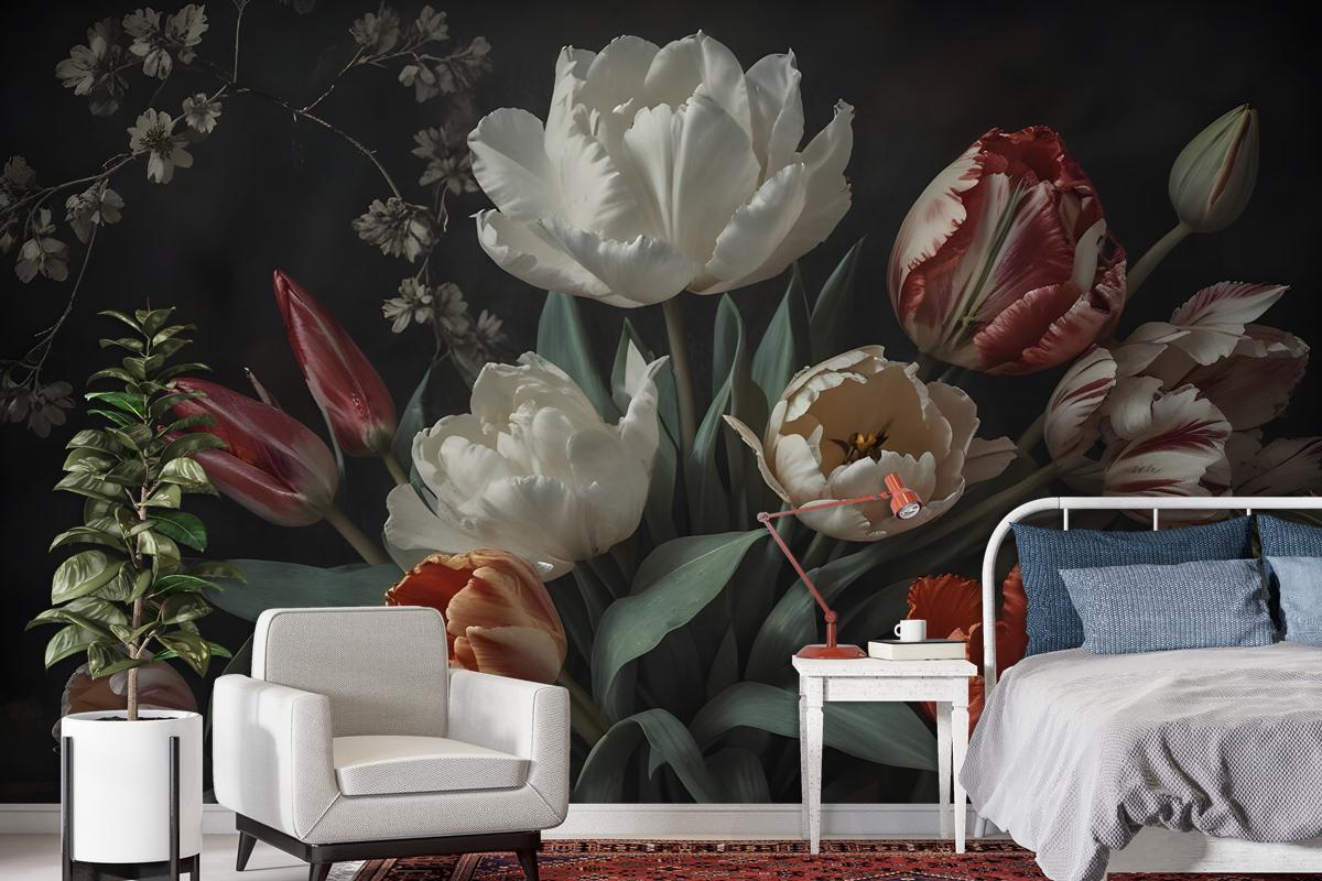 Dark Floral Dutch Bouquet With Tulips Bedroom Wallpaper Mural