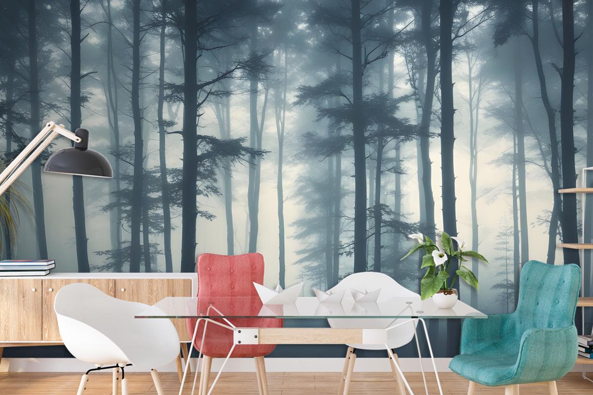 Dense Misty Forest With Tall Slender Trees And A Foggy Atmosphere Wallpaper Mural