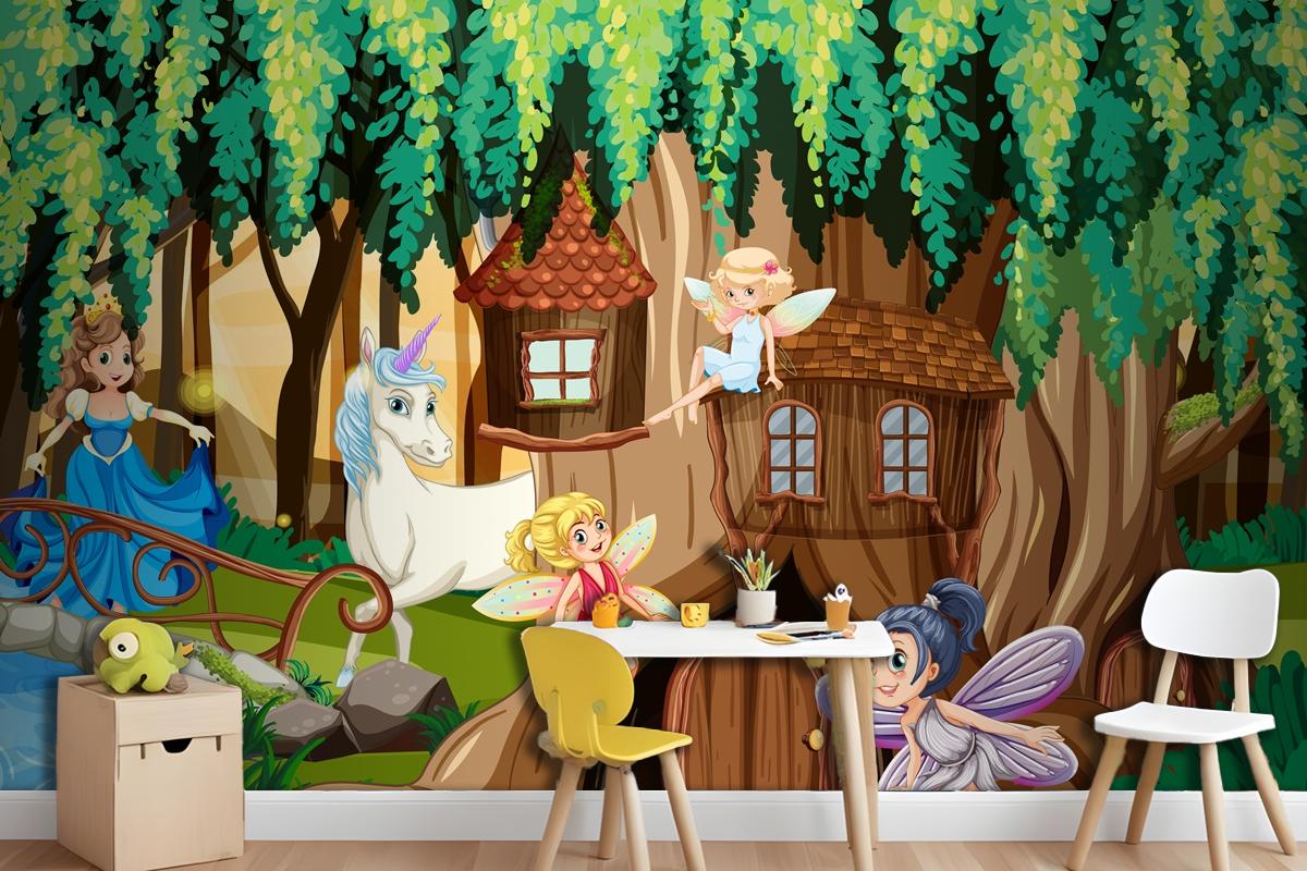Fantasy Forest With Fairies And Unicorn Wallpaper Mural