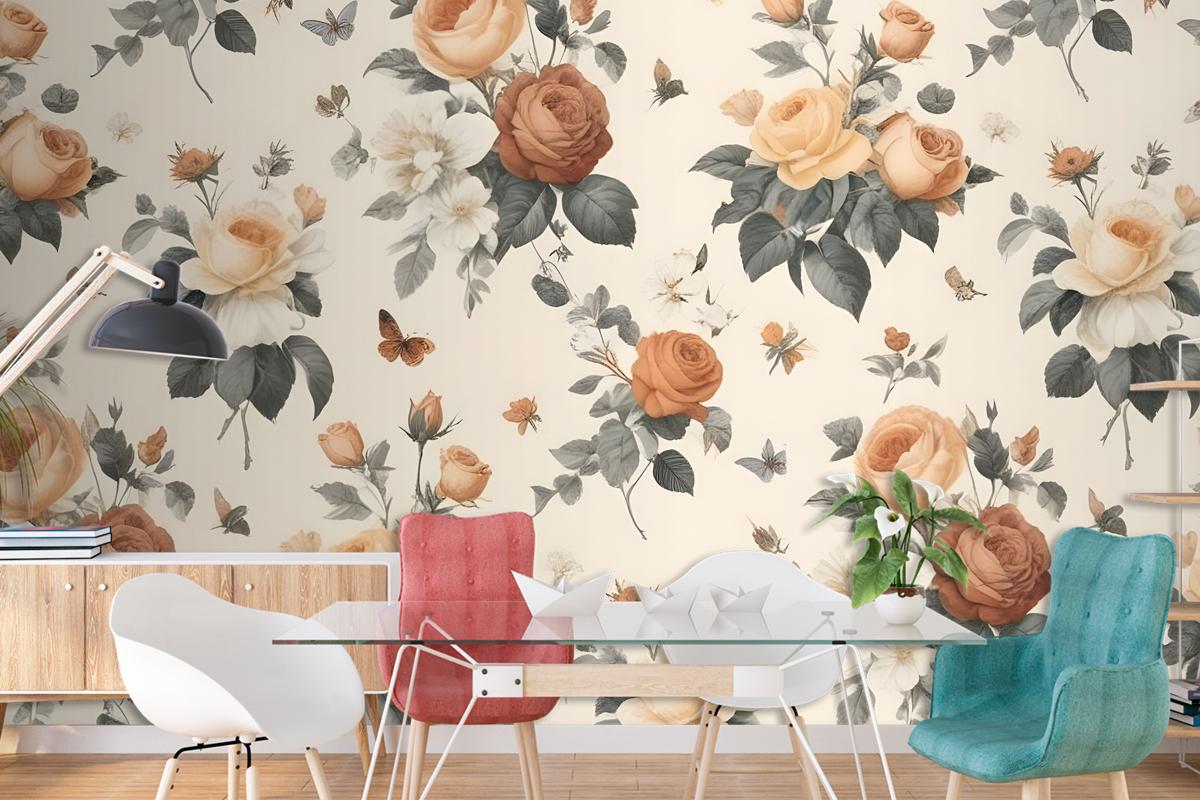 Floral Pattern With Various Types Of Roses Wallpaper Mural