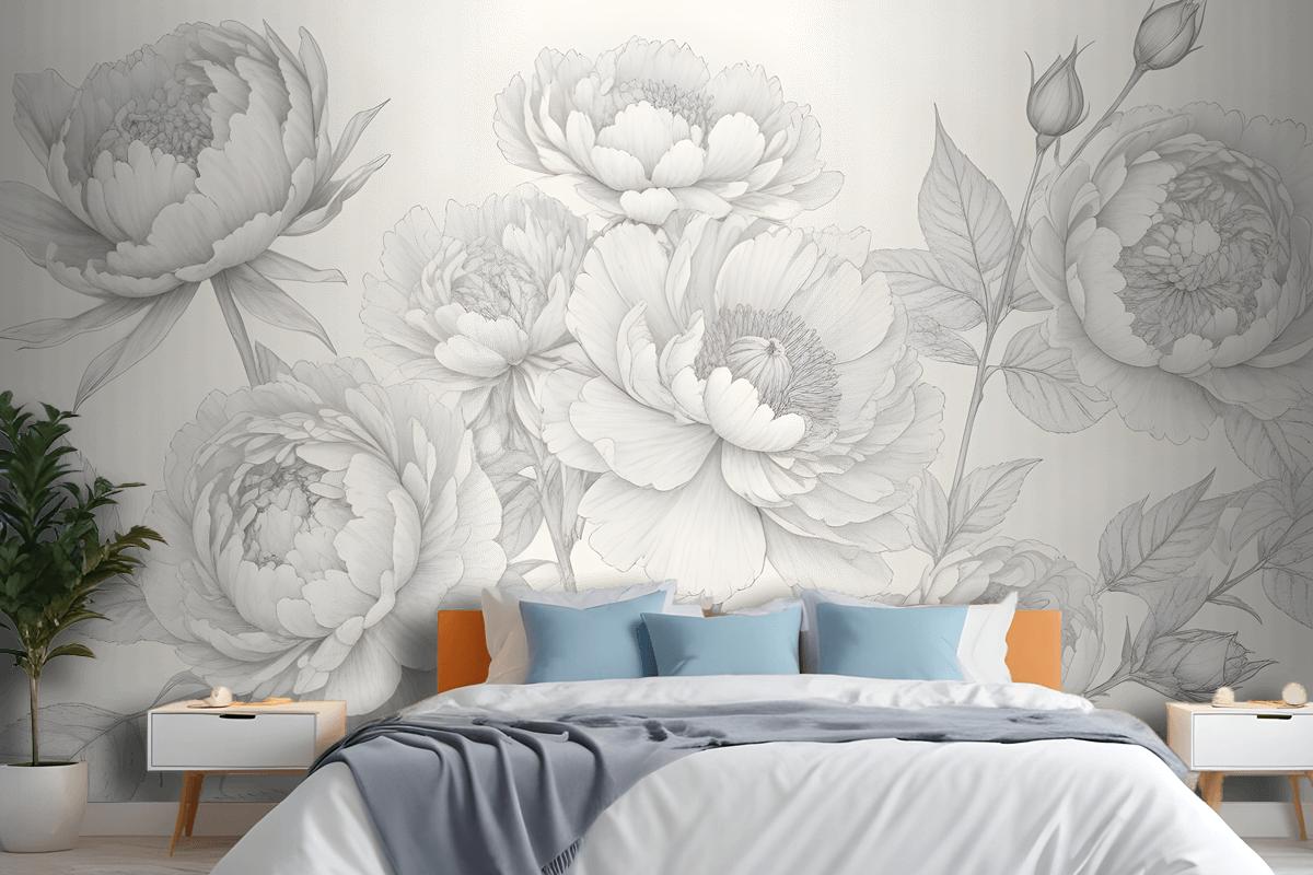 Gray Large Illustrated Roses Wallpaper Mural