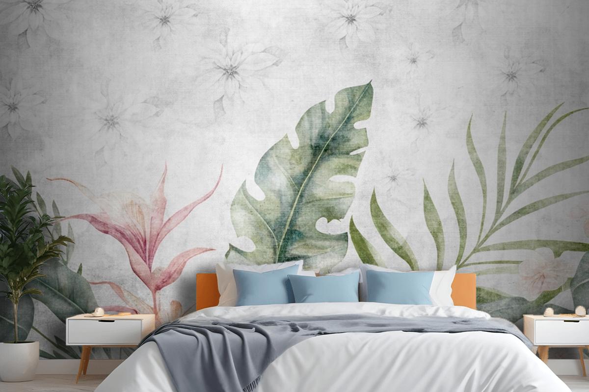 Green Branches Tree Leaves On Drawing Gray Bedroom Wallpaper Mural