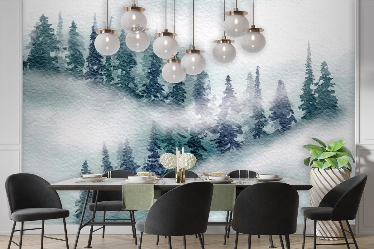 Hand Painted Japanese Themed Watercolour Landscape Bedroom Wallpaper Mural