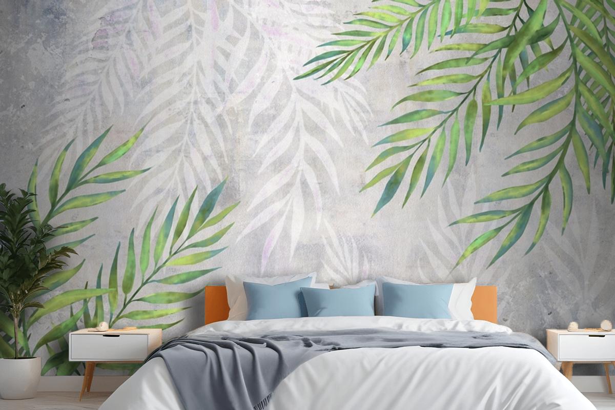 Leaves In The Corners On A Light Textured Bedroom Wallpaper Mural