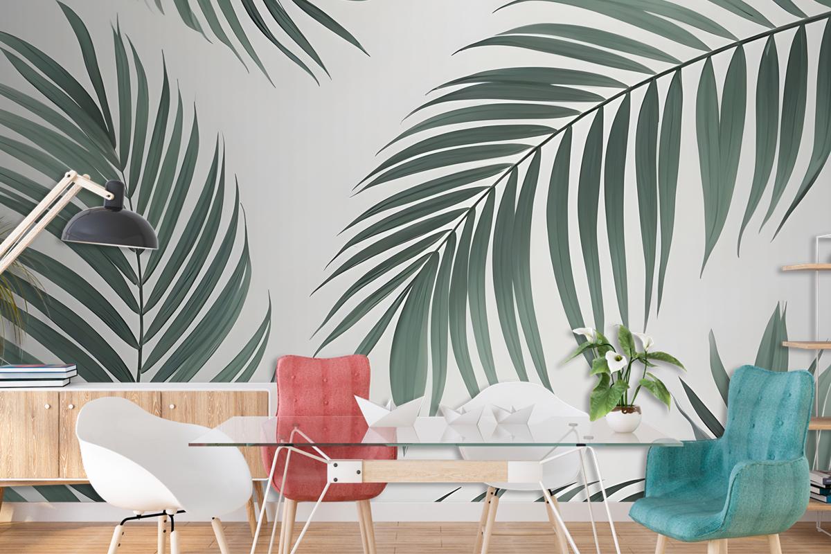 Light Background Palm Leaves Various Shades Green Wallpaper Mural