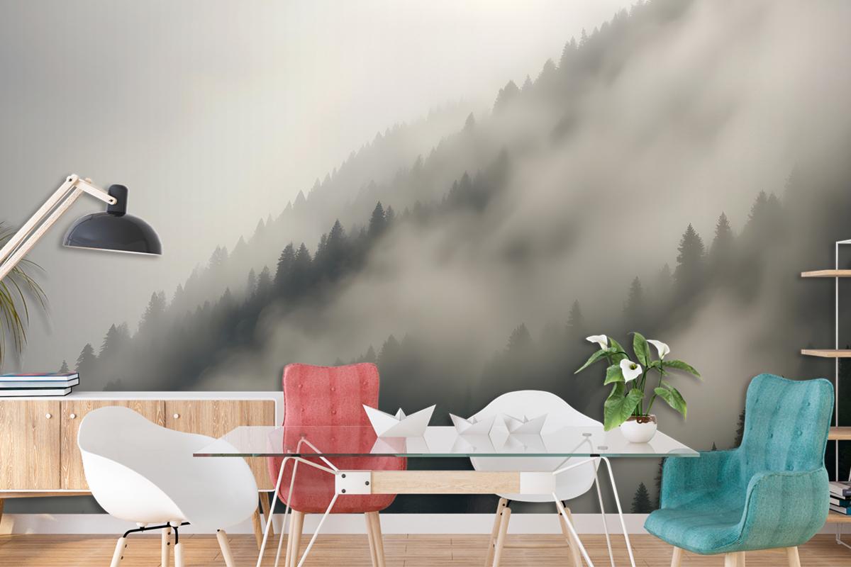 Misty Mountain Landscape With Dense Fog Covering The Forested Slopes Wallpaper Mural