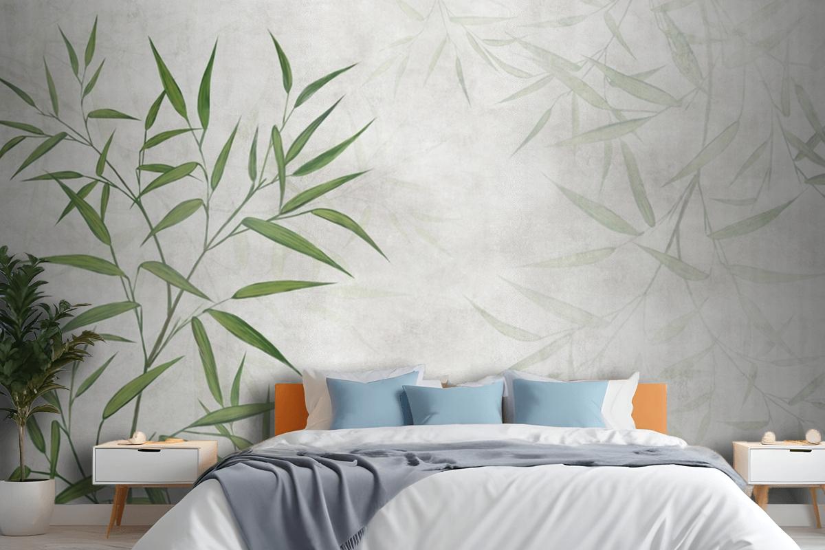 Painted Reed Bamboo Leaves On A Textured Background Bedroom Wallpaper Mural