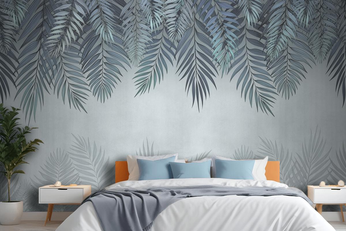 Palm Leaves In Pale Blue Flowers Bedroom Wallpaper Mural