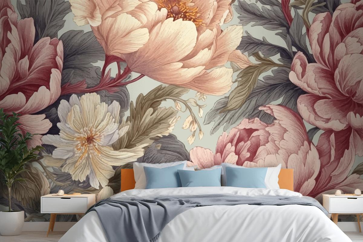 Seamless Boho Floral Pattern With Pink Peony Flowers Bedroom Wallpaper Mural