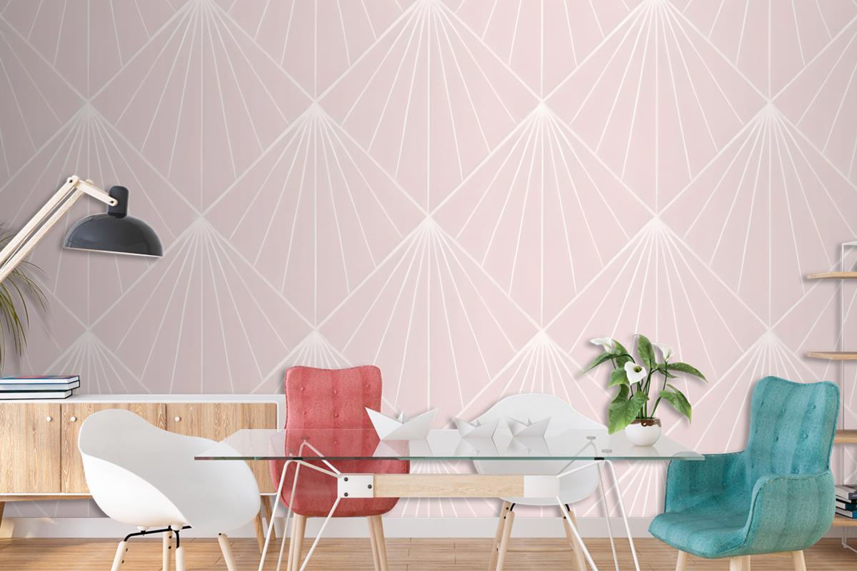 Seamless Geometric Pattern With White Radiating Lines On A Light Pink Wallpaper Mural