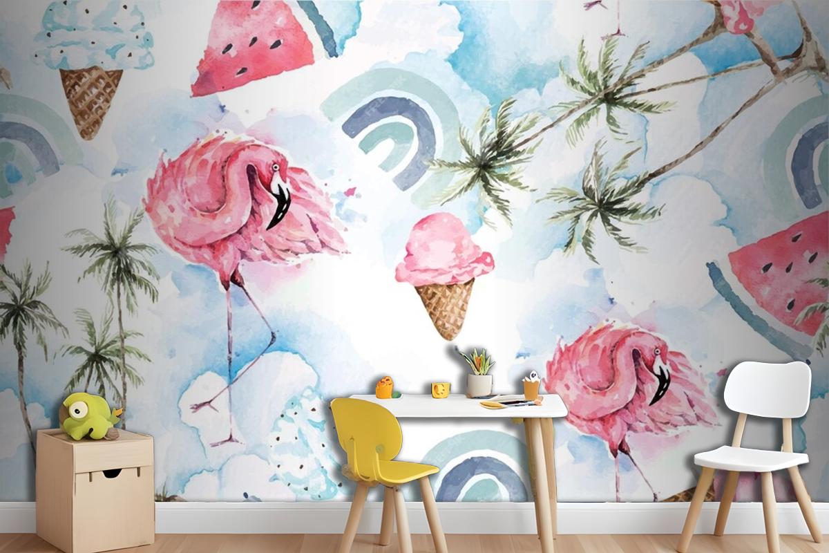 Seamless Pattern Palm Tree And Flamingo Wallpaper Mural