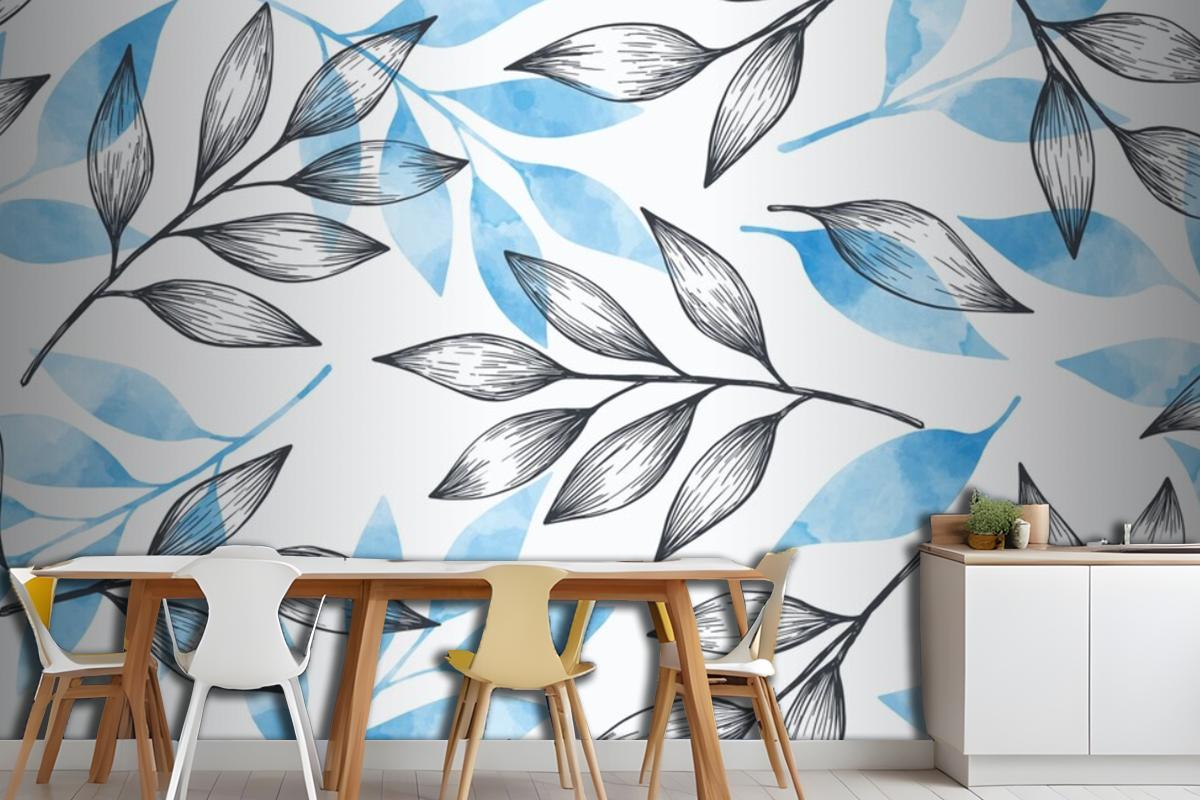 Simple Background With Gray And Blue Leaves Wallpaper Mural