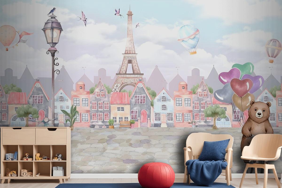 Sweet Teddy Bear in Paris Kids Room Wallpaper Mural