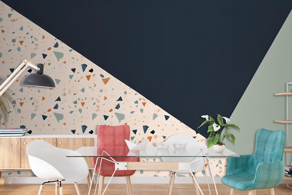 Terrazzo Style Pattern With Various Shapes Blue And Light Green Wallpaper Mural