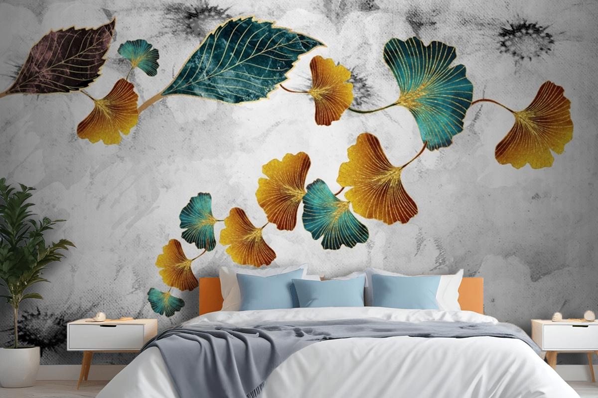 Turquoise And Golden Ginkgo Leaves In Light Gray Canvas Paint Bedroom Wallpaper Mural
