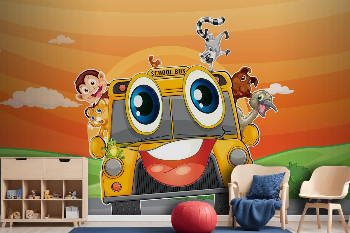 Various Animals In School Bus Wallpaper Mural